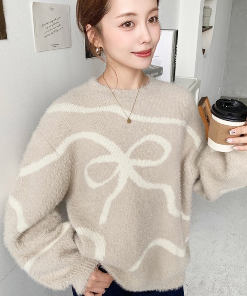 セール】リボンラインジャガードフェザーニットプルオーバー（ニット