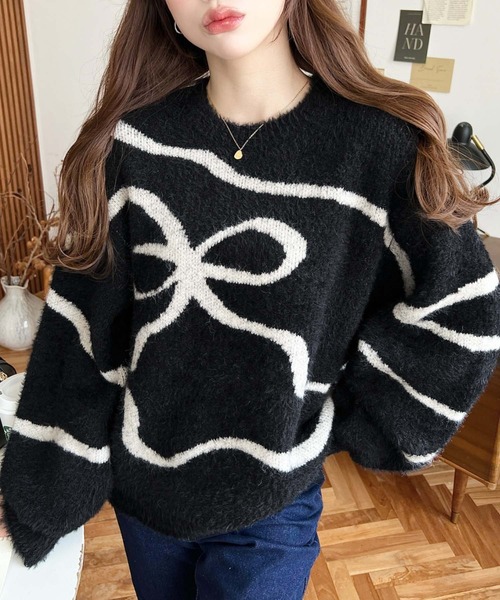 セール】リボンラインジャガードフェザーニットプルオーバー（ニット