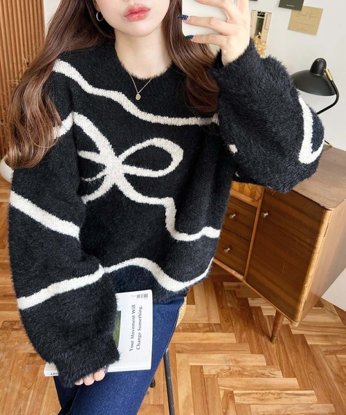 セール】リボンラインジャガードフェザーニットプルオーバー（ニット