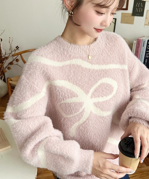 セール】リボンラインジャガードフェザーニットプルオーバー（ニット