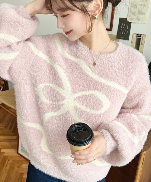 セール】リボンラインジャガードフェザーニットプルオーバー（ニット