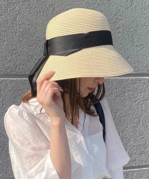 one after another NICE CLAUP（ワンアフターアナザーナイスクラップ）の「リボンストローハット（ハット・レディース・ブラック・FREE）」の7枚目の写真