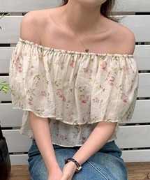 オフショルダー小花レトロ柄ブラウス