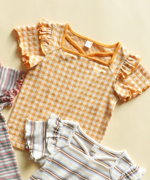 apres les cours（アプレレクール）の「ボーダー・ギンガムホルターTシャツ（Tシャツ/カットソー・キッズ・アイボリー/チェック/ピンク・90/120/100/140/130/80/110）」の3枚目の写真