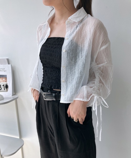 AS KNOW AS plus（アズノゥアズプラス）の「○袖ドロスト アソート ショートシャツ（シャツ/ブラウス・レディース・ホワイト系/グリーン系/ネイビー系/ホワイト系1/ブラック系1/ネイビー系1/ピンク系1・FREE）」の3枚目の写真