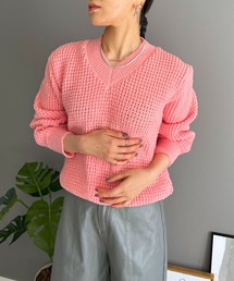 ワッフル編みVネックルーズニット