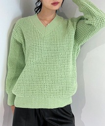 ワッフル編みVネックルーズニット