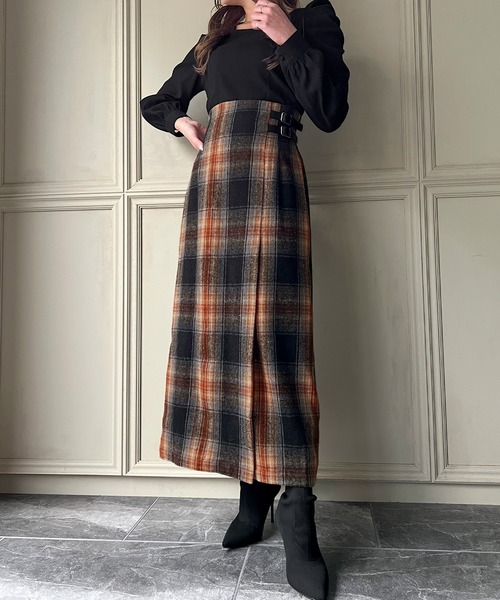 ハイウエストラップ風チェックスカート（スカート）｜JUNOAH（ジュノア）