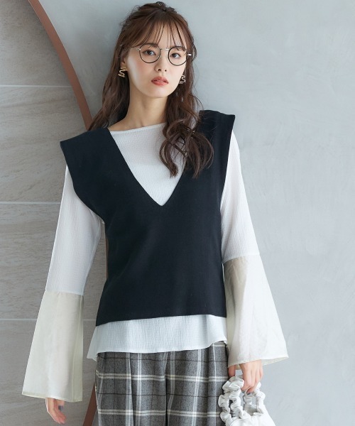 miclat（ミクラ）の「大きいサイズ　バッククロスニットベスト　miclat（ベスト・レディース・キャメル/ブラック・3L～4L/L～LL）」の2枚目の写真