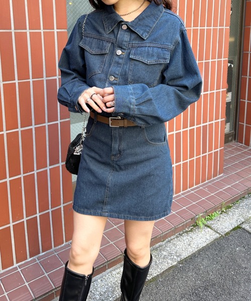 セール】【ベルト付き】ショート丈デニムワンピース（ワンピース