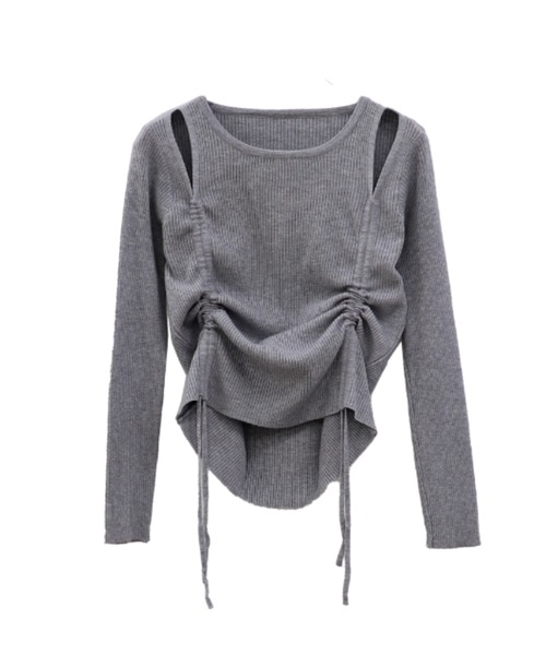 LVEU.（ラブユ.）の「【LVEU.】カットアウトシャーリングリブトップス / トップス カットソー ニット シャーリング カットアウト 肌見せ クロップド ショート ブラック グレー（ニット/セーター・レディース・ブラック/グレー・FREE）」の17枚目の写真