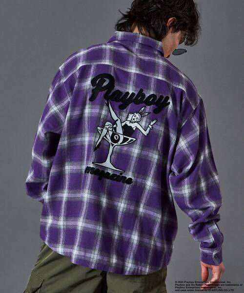 PLAYBOY（プレイボーイ）の「【SEQUENZ】 PB COCKTAIL ZIP SHIRT / プレイボーイ オンブレ チェック ビックサイズ ジップ チェーン刺繍 バニーヘッド ガール ジャケット（シャツ/ブラウス・メンズ・ブラック/パープル・X-LARGE/LARGE/MEDIUM）」の4枚目の写真