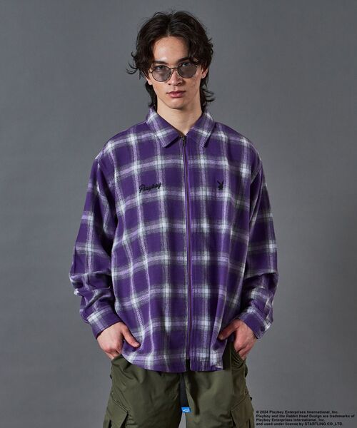 PLAYBOY（プレイボーイ）の「【SEQUENZ】 PB COCKTAIL ZIP SHIRT / プレイボーイ オンブレ チェック ビックサイズ ジップ チェーン刺繍 バニーヘッド ガール ジャケット（シャツ/ブラウス・メンズ・ブラック/パープル・X-LARGE/LARGE/MEDIUM）」の10枚目の写真