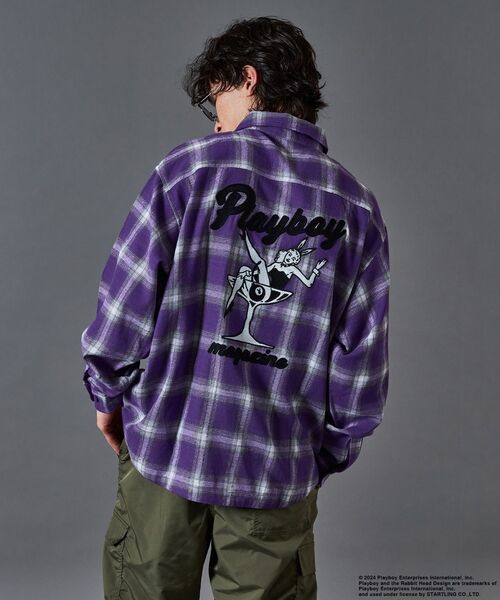PLAYBOY（プレイボーイ）の「【SEQUENZ】 PB COCKTAIL ZIP SHIRT / プレイボーイ オンブレ チェック ビックサイズ ジップ チェーン刺繍 バニーヘッド ガール ジャケット（シャツ/ブラウス・メンズ・ブラック/パープル・X-LARGE/LARGE/MEDIUM）」の11枚目の写真