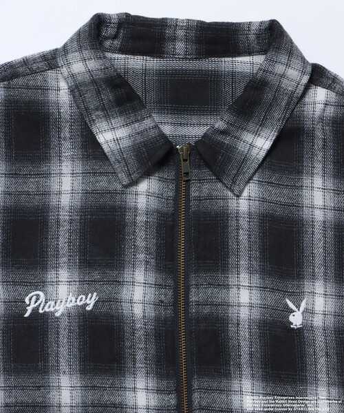 PLAYBOY（プレイボーイ）の「【SEQUENZ】 PB COCKTAIL ZIP SHIRT / プレイボーイ オンブレ チェック ビックサイズ ジップ チェーン刺繍 バニーヘッド ガール ジャケット（シャツ/ブラウス・メンズ・ブラック/パープル・X-LARGE/LARGE/MEDIUM）」の14枚目の写真