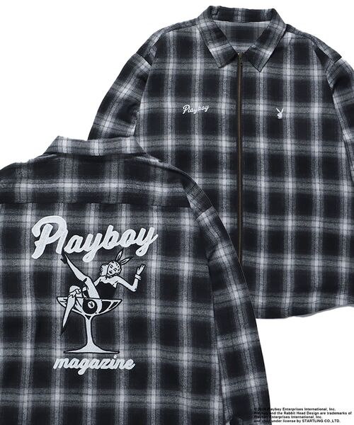 PLAYBOY（プレイボーイ）の「【SEQUENZ】 PB COCKTAIL ZIP SHIRT / プレイボーイ オンブレ チェック ビックサイズ ジップ チェーン刺繍 バニーヘッド ガール ジャケット（シャツ/ブラウス・メンズ・ブラック/パープル・X-LARGE/LARGE/MEDIUM）」の16枚目の写真