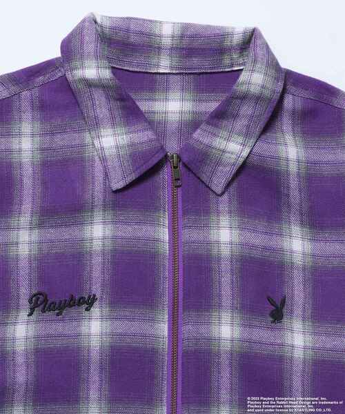 PLAYBOY（プレイボーイ）の「【SEQUENZ】 PB COCKTAIL ZIP SHIRT / プレイボーイ オンブレ チェック ビックサイズ ジップ チェーン刺繍 バニーヘッド ガール ジャケット（シャツ/ブラウス・メンズ・ブラック/パープル・X-LARGE/LARGE/MEDIUM）」の19枚目の写真