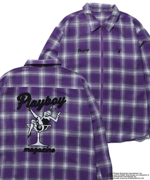 PLAYBOY（プレイボーイ）の「【SEQUENZ】 PB COCKTAIL ZIP SHIRT / プレイボーイ オンブレ チェック ビックサイズ ジップ チェーン刺繍 バニーヘッド ガール ジャケット（シャツ/ブラウス・メンズ・ブラック/パープル・X-LARGE/LARGE/MEDIUM）」の21枚目の写真