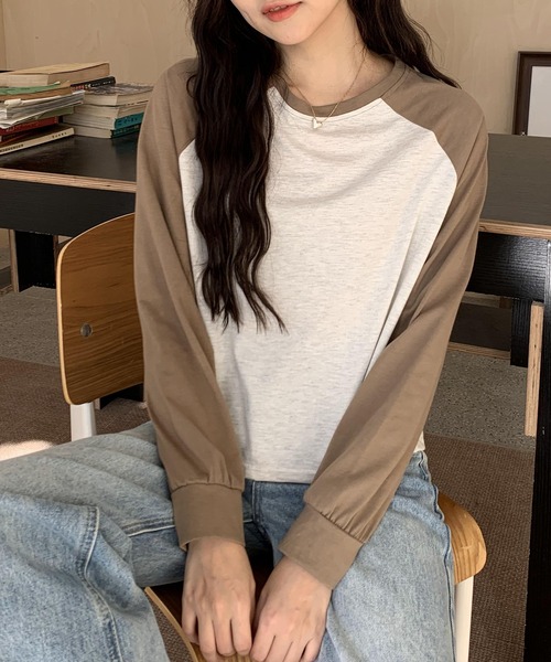 SHEPP(シープ)の「ラグラン ショート丈プルオーバーロンT(Tシャツ/カットソー・レディース・ブラウン/ブラック/グリーン・M/L)」の1枚目の写真