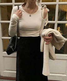 ワンショルダーオープンリボンテレコトップス/ショルダーリボンTシャツ