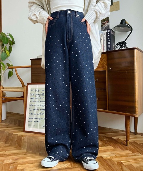 セール】パール＆ビジュー＆ラインストーンデニムパンツ（デニムパンツ