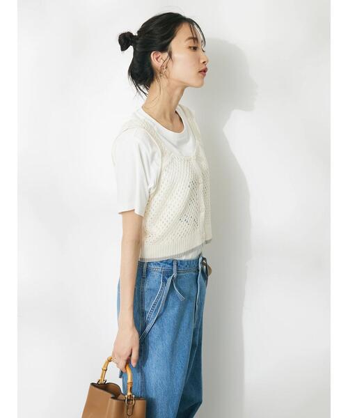 CRAFT STANDARD BOUTIQUE（クラフトスタンダードブティック）の「配色メッシュニットビスチェ（ベスト・レディース・アイボリー/ブラック/グレイッシュブルー・FREE）」の4枚目の写真