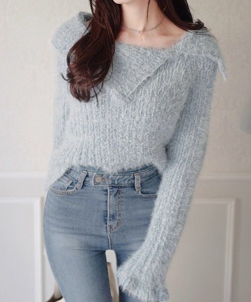 mily bilet(ミウィビレット)の「【mily bilet】ふんわり映えニット。アシメ襟2WAYオフショル袖フレアシャギーニットプルオーバー(ニット/セーター・レディース・アイボリー/ブルー/チャコールグレー・SMALL/X-LARGE/LARGE/MEDIUM)」の15枚目の写真