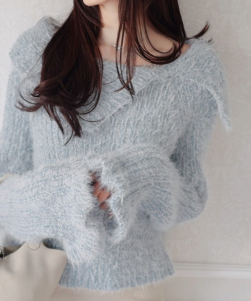 mily bilet(ミウィビレット)の「【mily bilet】ふんわり映えニット。アシメ襟2WAYオフショル袖フレアシャギーニットプルオーバー(ニット/セーター・レディース・アイボリー/ブルー/チャコールグレー・SMALL/X-LARGE/LARGE/MEDIUM)」の6枚目の写真