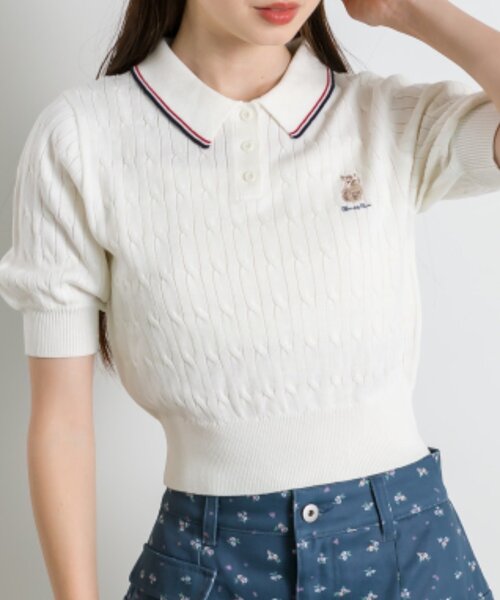 OLIVE des OLIVE（オリーブデオリーブ）の「ネコ刺繍ケーブルニットポロ（ニット/セーター・レディース・ブラウン/ブラック系その他/サックスブルー/オフホワイト/ブラック・FREE）」の9枚目の写真