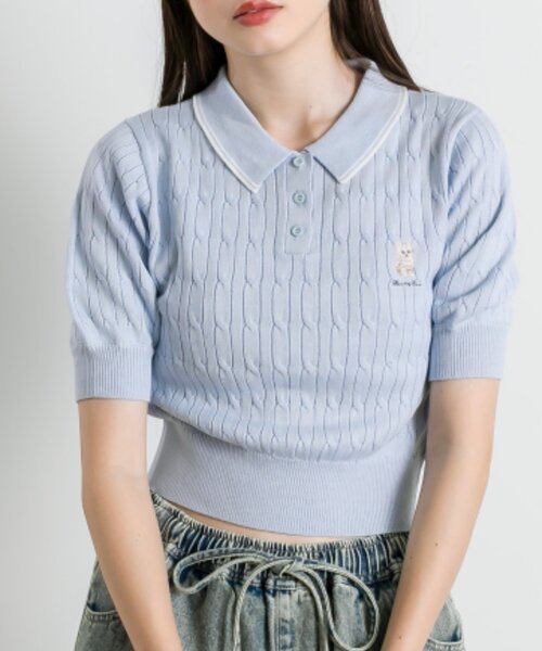 OLIVE des OLIVE（オリーブデオリーブ）の「ネコ刺繍ケーブルニットポロ（ニット/セーター・レディース・ブラウン/ブラック系その他/サックスブルー/オフホワイト/ブラック・FREE）」の18枚目の写真