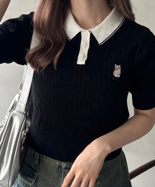 OLIVE des OLIVE（オリーブデオリーブ）の「ネコ刺繍ケーブルニットポロ（ニット/セーター・レディース・ブラウン/ブラック系その他/サックスブルー/オフホワイト/ブラック・FREE）」の4枚目の写真