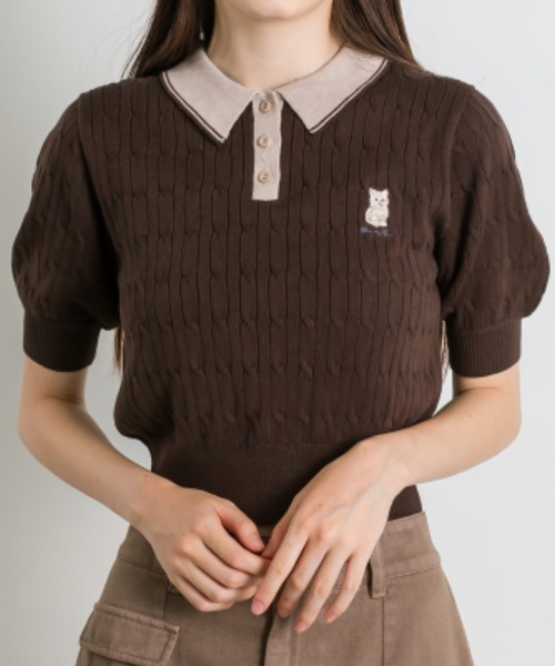 OLIVE des OLIVE（オリーブデオリーブ）の「ネコ刺繍ケーブルニットポロ（ニット/セーター・レディース・ブラウン/ブラック系その他/サックスブルー/オフホワイト/ブラック・FREE）」の5枚目の写真