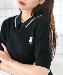 ネコ刺繍ケーブルニットポロ