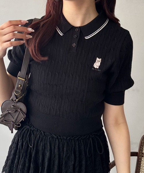 OLIVE des OLIVE（オリーブデオリーブ）の「ネコ刺繍ケーブルニットポロ（ニット/セーター・レディース・ブラウン/ブラック系その他/サックスブルー/オフホワイト/ブラック・FREE）」の6枚目の写真