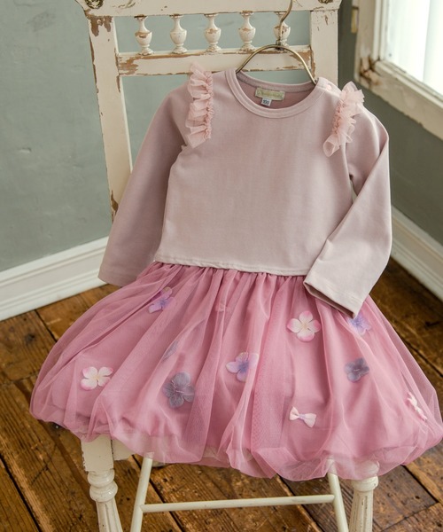 お花とリボンのバルーンワンピ(長袖)(80-100cm)（ワンピース）｜panpantutu（パンパンチュチュ）