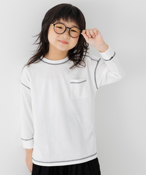 JAM & LINK(ジャムアンドリンク)の「配色ステッチ 無地長袖Tシャツ(Tシャツ/カットソー・キッズ・ネイビー/ホワイト/ライトグリーン/ワインレッド/ブラック/サックスブルー・100cm/110cm/120cm/130cm/140cm/150cm/160cm)」の2枚目の写真