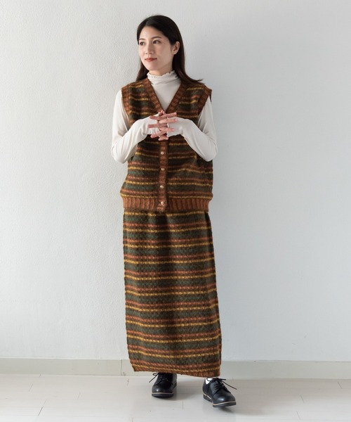 LOSUCA（ロスカ）の「マルチカラーボーダーニットベスト セットアップ可 (#84856026) / ナチュラル フレンチ 大人カジュアル レトロ ヴィンテージ シティガール（ニット/セーター・レディース・オフホワイト/ネイビー/カーキ・FREE）」の5枚目の写真