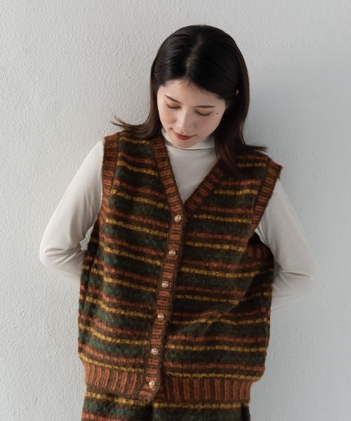LOSUCA（ロスカ）の「マルチカラーボーダーニットベスト セットアップ可 (#84856026) / ナチュラル フレンチ 大人カジュアル レトロ ヴィンテージ シティガール（ニット/セーター・レディース・オフホワイト/ネイビー/カーキ・FREE）」の8枚目の写真