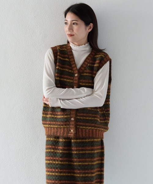 LOSUCA（ロスカ）の「マルチカラーボーダーニットベスト セットアップ可 (#84856026) / ナチュラル フレンチ 大人カジュアル レトロ ヴィンテージ シティガール（ニット/セーター・レディース・オフホワイト/ネイビー/カーキ・FREE）」の10枚目の写真