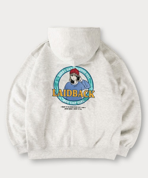 Red Cap Girl（レッドキャプガール）の「【0】【Red Cap Girl／レッドキャップガール】ワンポイント刺繍 サテン ガールデザイン フルジップフーディー オーバーサイズ ユニセックス 裏起毛 推し活（パーカー・メンズ・アッシュグレー/オレンジ/グリーン/ホワイト/ブラック・L/M）」の7枚目の写真