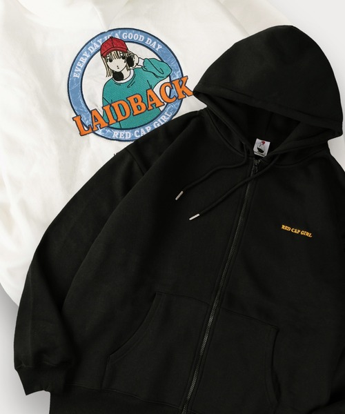 Red Cap Girl（レッドキャプガール）の「【0】【Red Cap Girl／レッドキャップガール】ワンポイント刺繍 サテン ガールデザイン フルジップフーディー オーバーサイズ ユニセックス 裏起毛 推し活（パーカー・メンズ・アッシュグレー/オレンジ/グリーン/ホワイト/ブラック・L/M）」の19枚目の写真