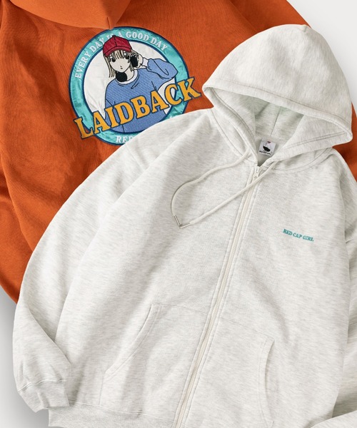 Red Cap Girl（レッドキャプガール）の「【0】【Red Cap Girl／レッドキャップガール】ワンポイント刺繍 サテン ガールデザイン フルジップフーディー オーバーサイズ ユニセックス 裏起毛 推し活（パーカー・メンズ・アッシュグレー/オレンジ/グリーン/ホワイト/ブラック・L/M）」の22枚目の写真