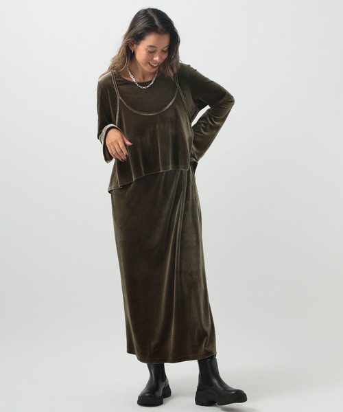 ベロア生地 ワンピース セール】[トレンドのベロア生地]キャミレイヤードベロア