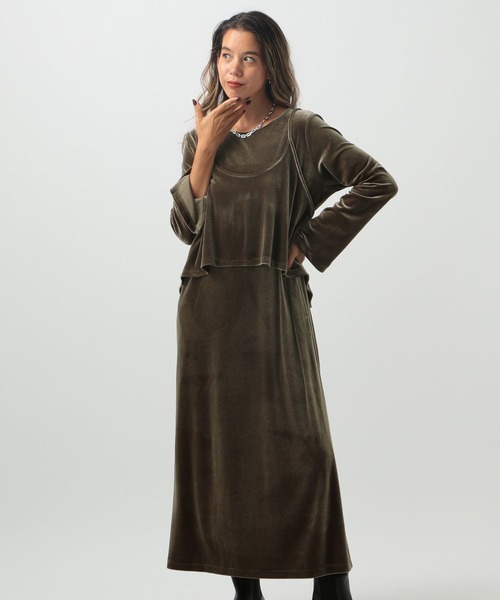 セール】[トレンドのベロア生地]キャミレイヤードベロアワンピース