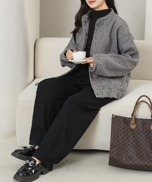 Lace Ladies(レースレディース)の「スタンドカラー ボタン カジュアル プードル ジャケット(ノーカラージャケット・レディース・ブラック/アイボリー/グレー・M)」の13枚目の写真