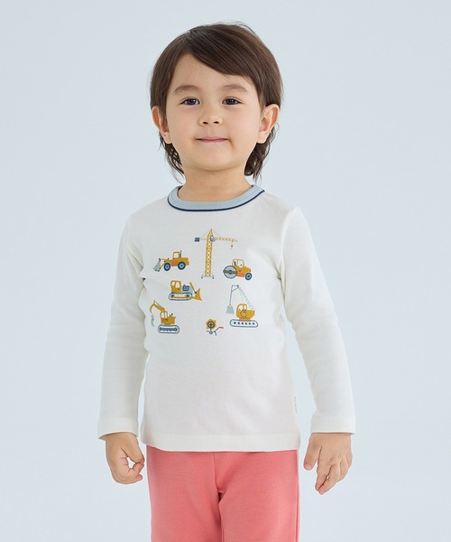combimini(コンビミニ)の「やわらか長袖Tシャツ(ショベルカー)(Tシャツ/カットソー・キッズ・オフホワイト/サックスブルー・90/100/120/80/130/70/110)」の1枚目の写真