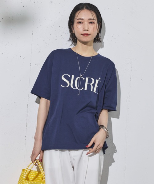 Doux archives（ドゥアルシーヴ）の「SUCRE Tee（Tシャツ/カットソー・レディース・オフホワイト/杢グレー/グレイッシュベージュ/ネイビー/ホワイト×ブラック/ホワイト×シルバー・FREE）」の6枚目の写真