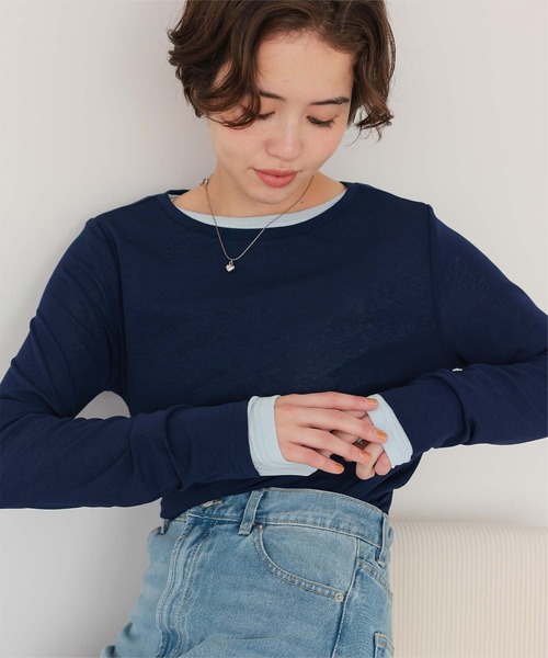 titivate(ティティベイト)の「シアーカットソーロングスリーブトップス(Tシャツ/カットソー・レディース・ライトブルー/ブラック/ライトグリーン/オフホワイト/ライトピンク/シルバー/ボルドー/ネイビー・L/M/S)」の5枚目の写真