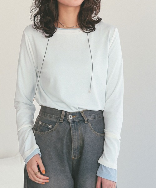titivate(ティティベイト)の「シアーカットソーロングスリーブトップス(Tシャツ/カットソー・レディース・ライトブルー/ブラック/ライトグリーン/オフホワイト/ライトピンク/シルバー/ボルドー/ネイビー・L/M/S)」の2枚目の写真