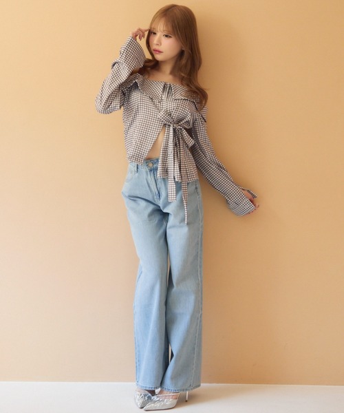 TITTY&CO.(ティティーアンドコー)の「ギンガムチェックオフショルダートップス(シャツ/ブラウス・レディース・グレー/ブルー/ブラック・FREE)」の10枚目の写真